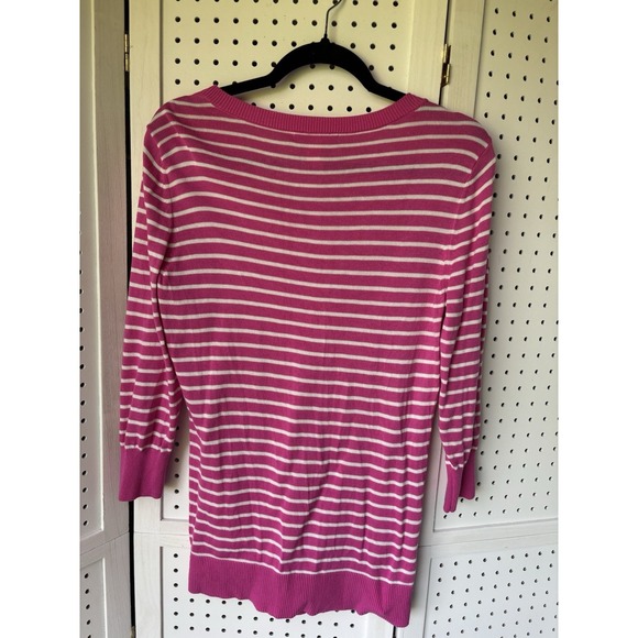 Banana Republic Women's M Pullover Sweater Pink White Stripe Button Shoulder - Picture 5 of 5